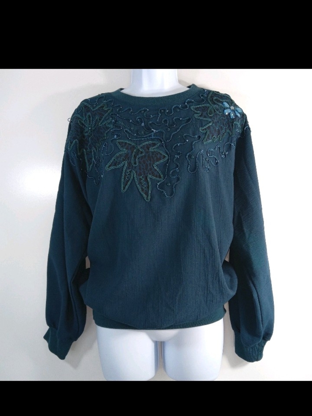 Womens Y2K Adolfo Teal Green Embroidered Crewneck Sweatshirt Large